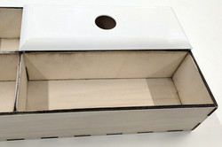 Eine rechteckige Aufbewahrungsbox aus hellem Holz mit mehreren unterschiedlich großen Fächern und einem verschiebbaren Deckel. Im Deckel befindet sich eine runde Grifföffnung zum einfachen Öffnen.