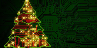 Tannenbaum dargestellt wie eine Platine mit leuchtenden Dioden