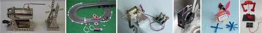 Wärmekraftwerk mit Kessel und Turbine, Carrera-Bahn, Kurbelgenerator mit 3 Leuchten als Verbraucher, Wasserrad mit LED, Windkraftwerk mit verschiedenen Rotoren, Karussel mit Solarzelle
